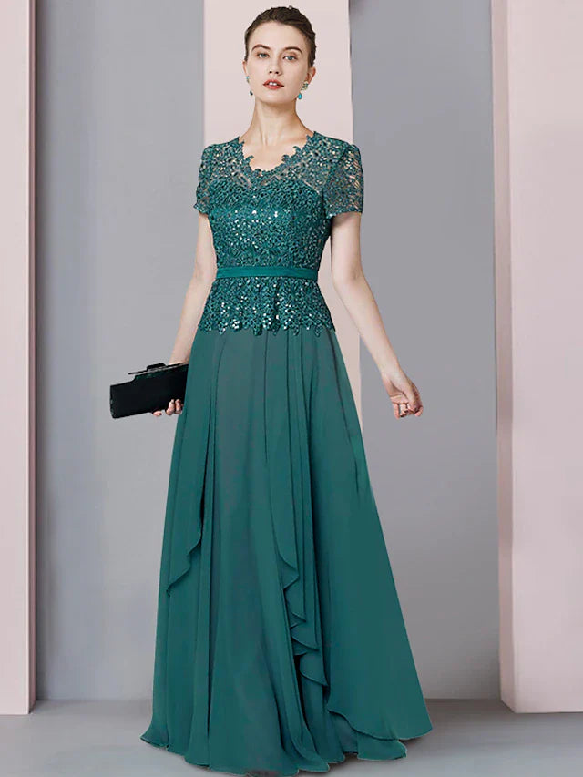 Wholesale A-Line Mother of the Bride Dress Formal Party Sparkle & Shine Elegant V Neck Floor Length Chiffon Sequined Short Sleeve with Pleats Sequin